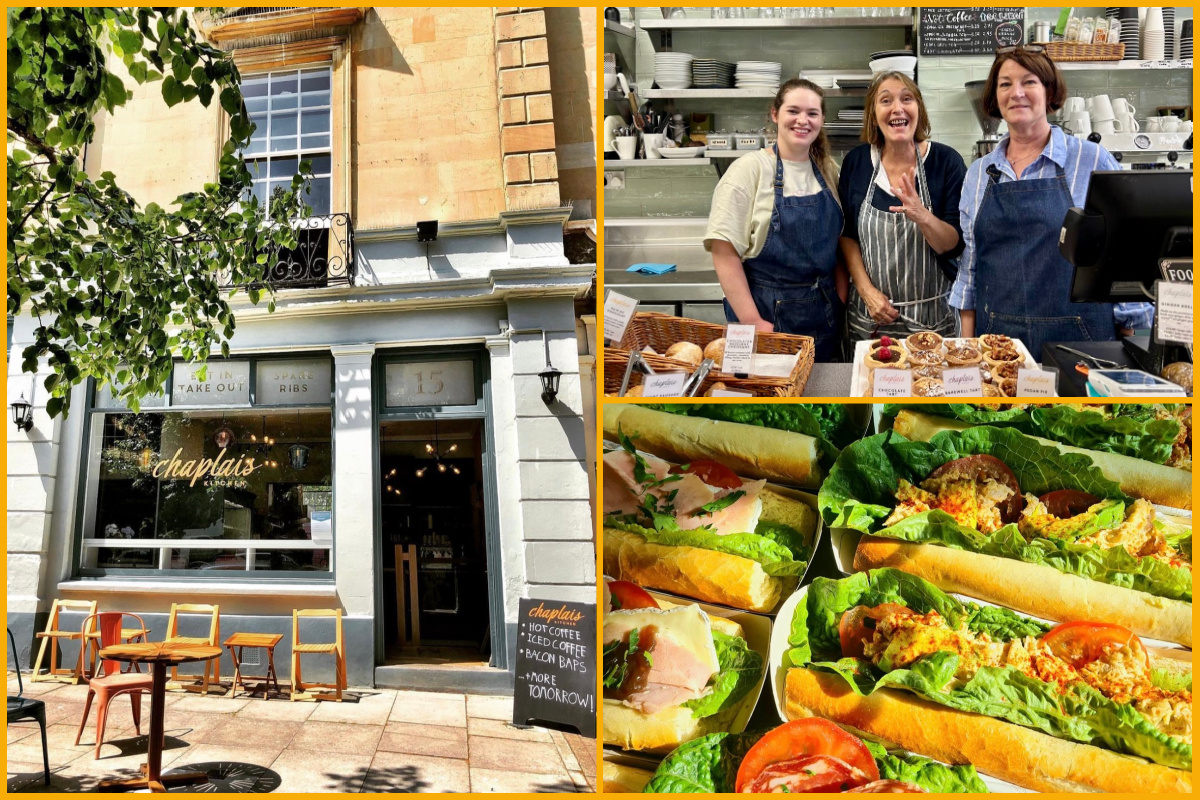 A collage of images of Chaplais Kitchen and team, sandwiches served.